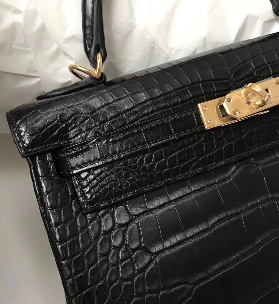 Noble Hermes Crocodile Leather Kelly Bag25CM in CK89 Black Gold Hardware