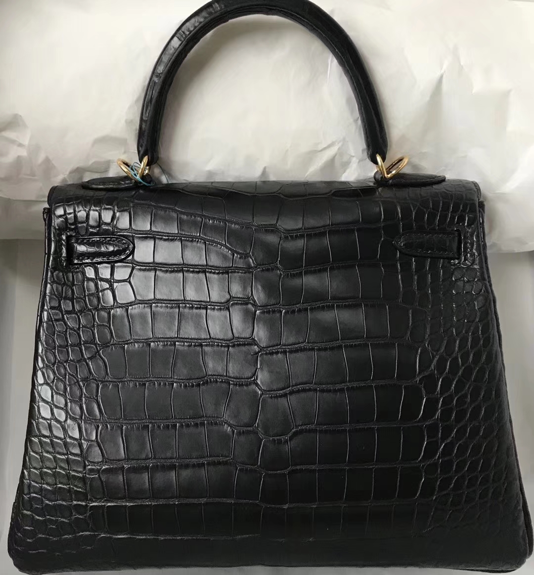 Noble Hermes Crocodile Leather Kelly Bag25CM in CK89 Black Gold Hardware