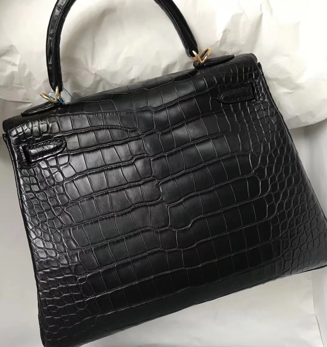 Noble Hermes Crocodile Leather Kelly Bag25CM in CK89 Black Gold Hardware