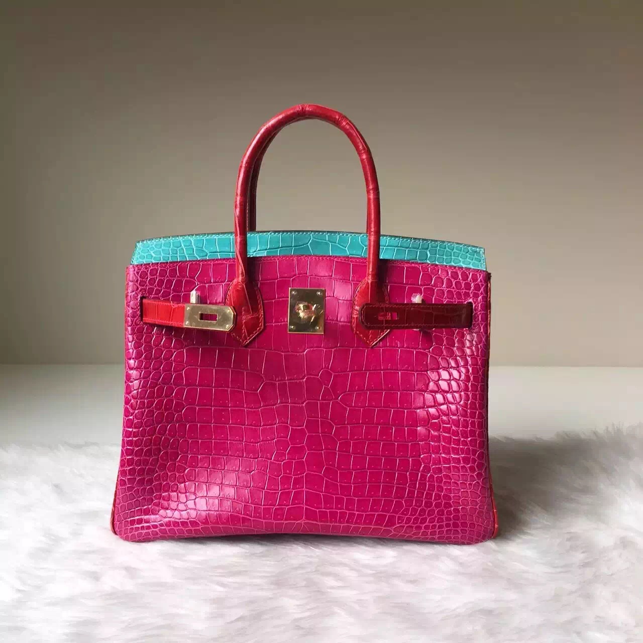 Wholesale Hermes Three Color Blocking Crocodile Leather Birkin30cm Bag