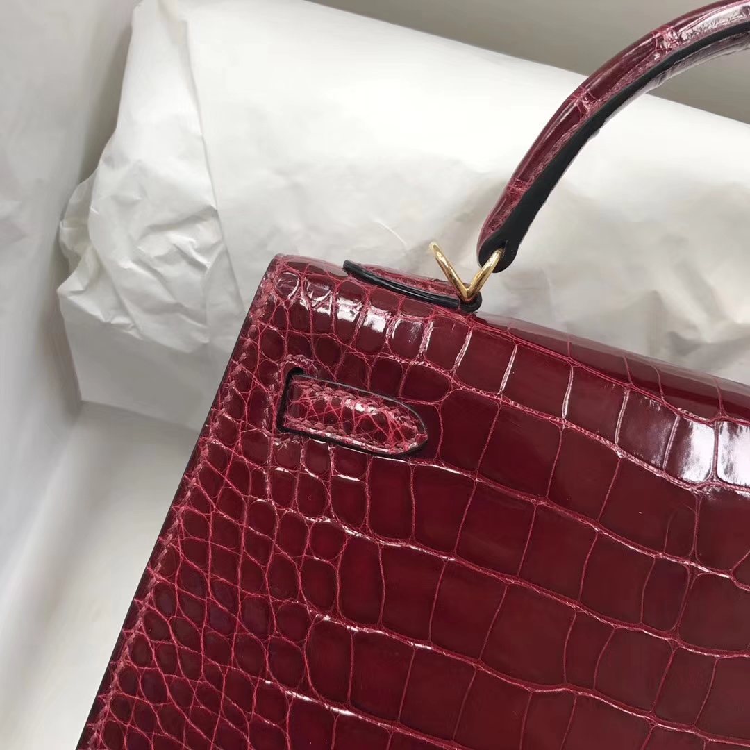 Wholesale Hermes F5 Bourgogne Red Shiny Crocodile Leather Kelly25CM Bag