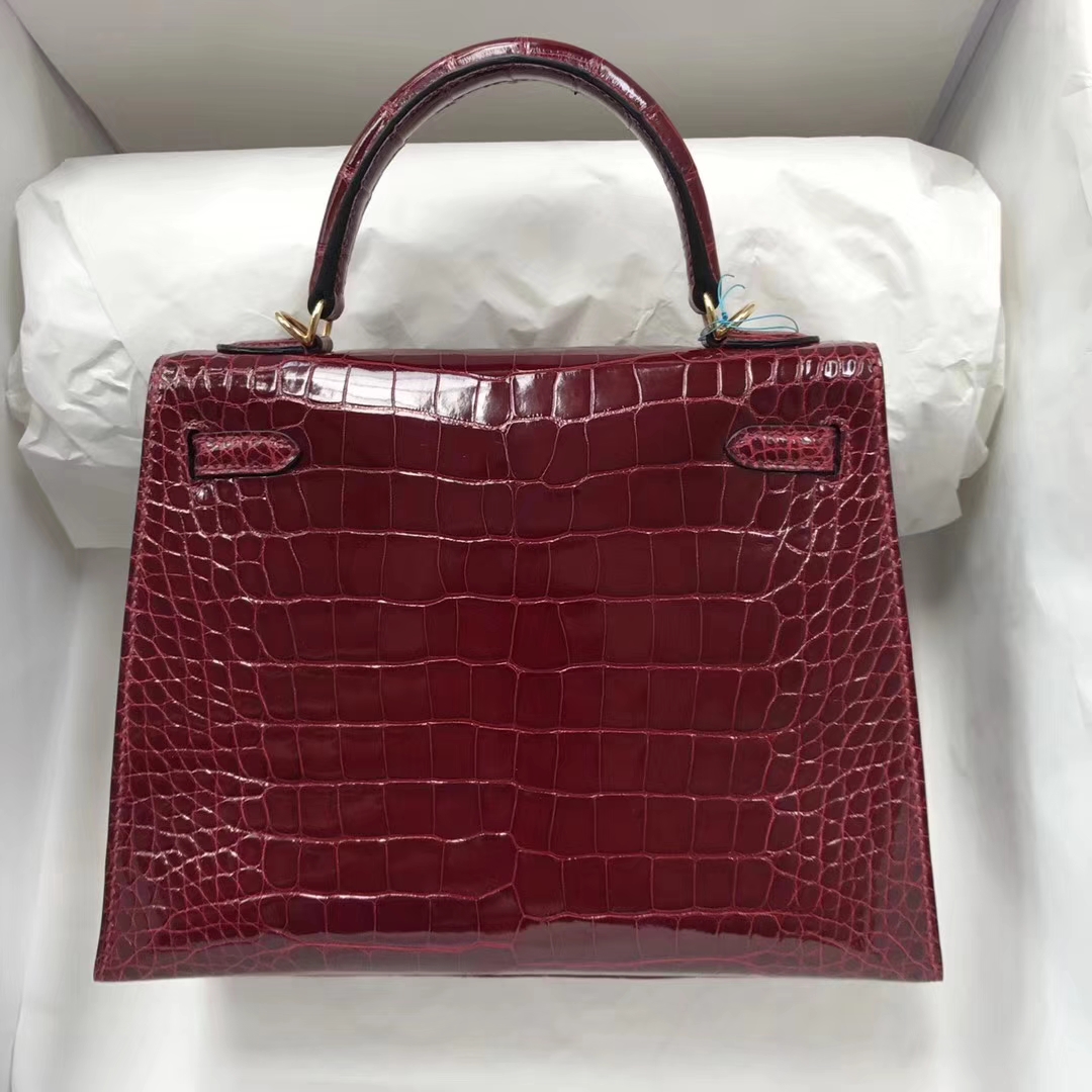 Wholesale Hermes F5 Bourgogne Red Shiny Crocodile Leather Kelly25CM Bag