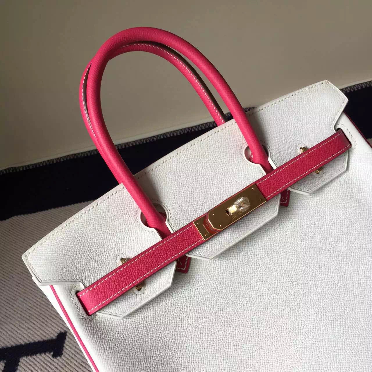 New Pretty Hermes 01 Pure White/E5 Rose Tyrien Epsom Leather Birkin30