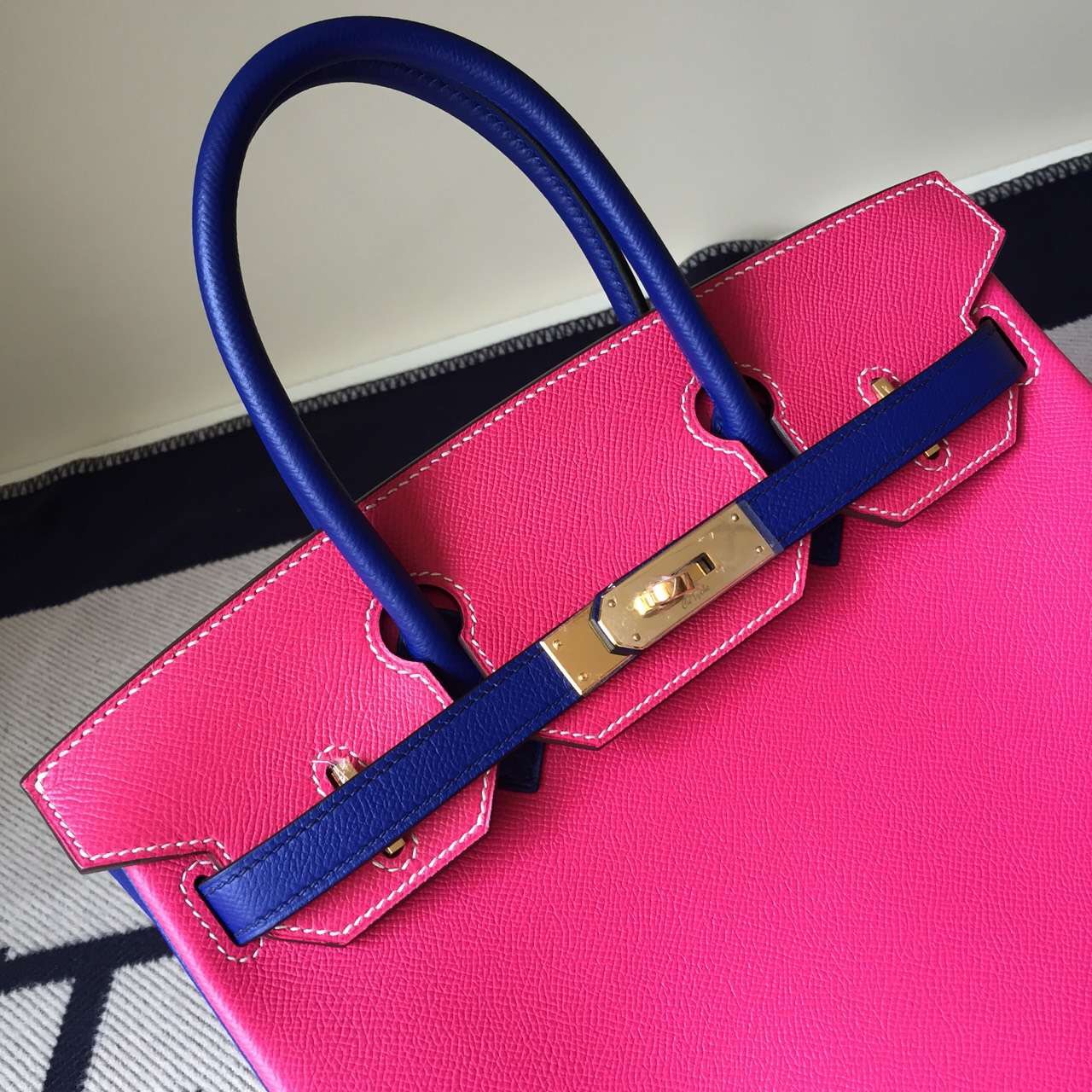 Sale Hermes Birkin Bag E5 Rose Tyrien/7T Blue Electric Epsom Leather