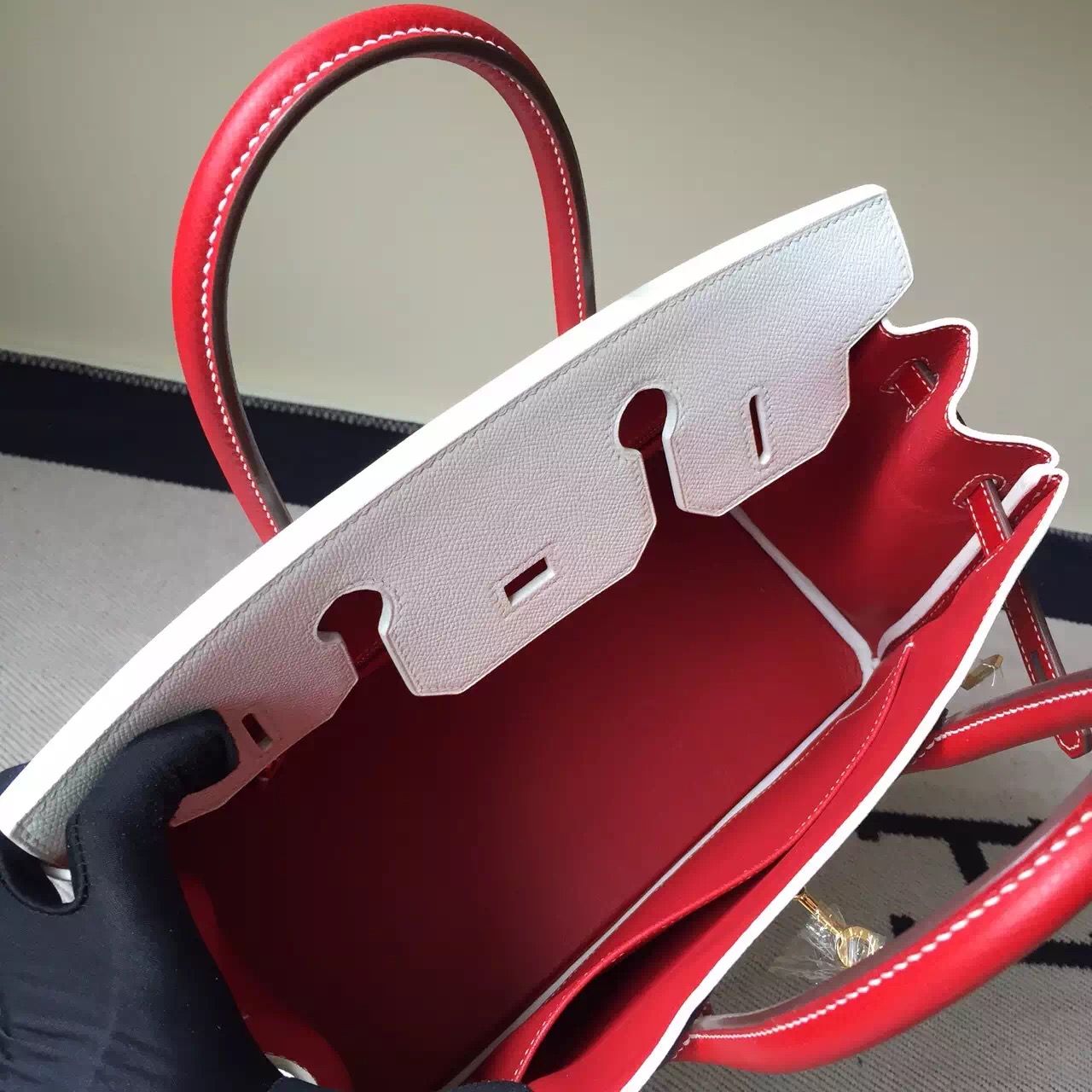 Hand Stitching Hermes Epsom Leather Birkin30cm Bag Pure White/Q5 Rouge Casaque