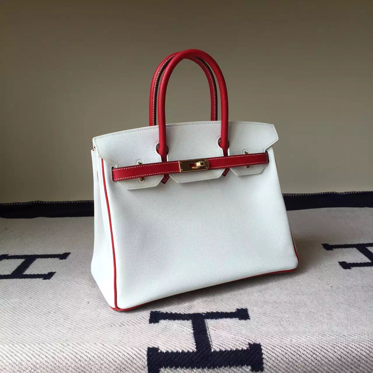 Hand Stitching Hermes Epsom Leather Birkin30cm Bag Pure White/Q5 Rouge Casaque