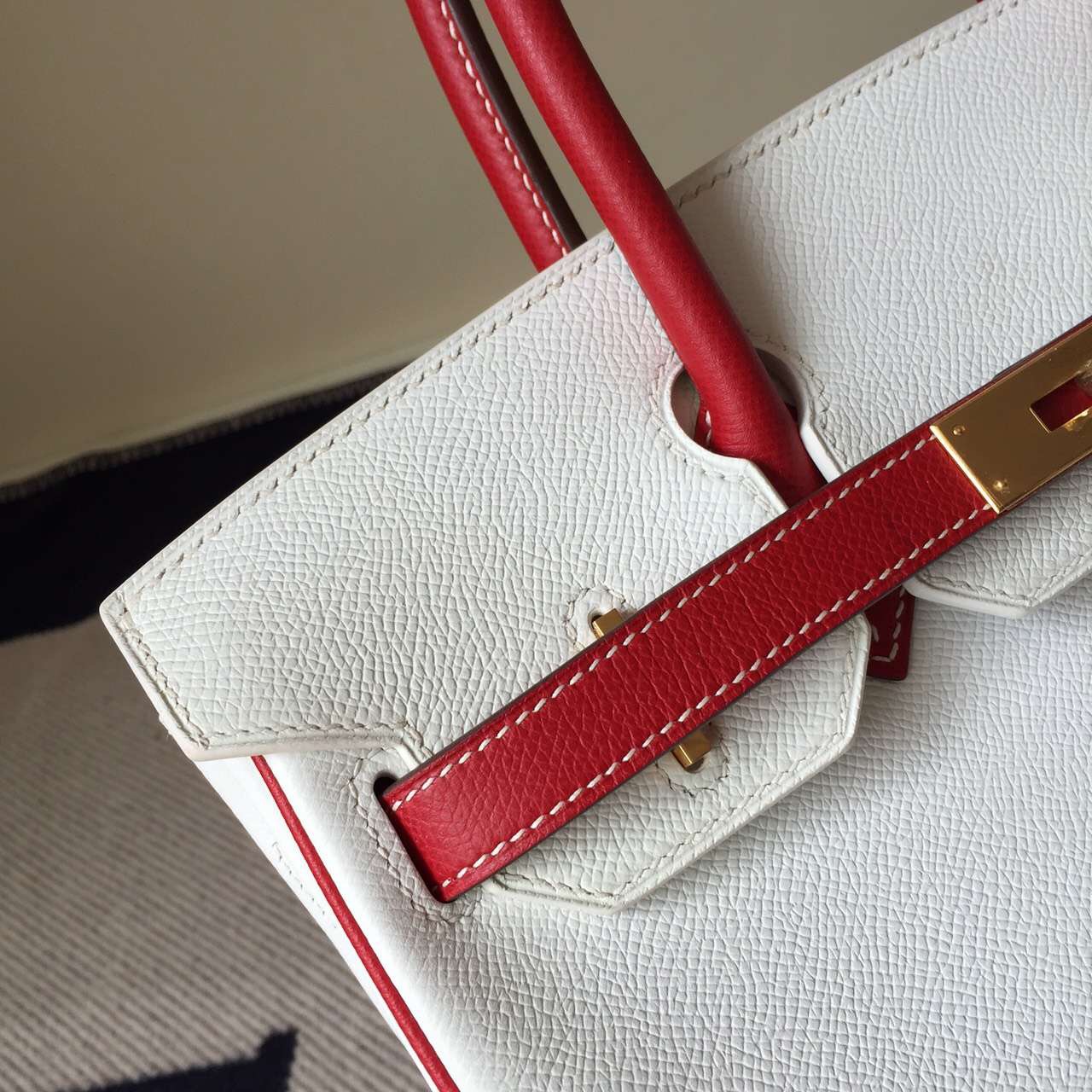Hand Stitching Hermes Epsom Leather Birkin30cm Bag Pure White/Q5 Rouge Casaque