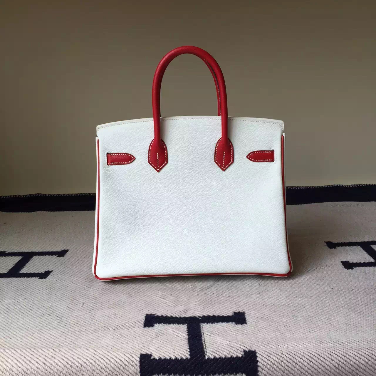 Hand Stitching Hermes Epsom Leather Birkin30cm Bag Pure White/Q5 Rouge Casaque