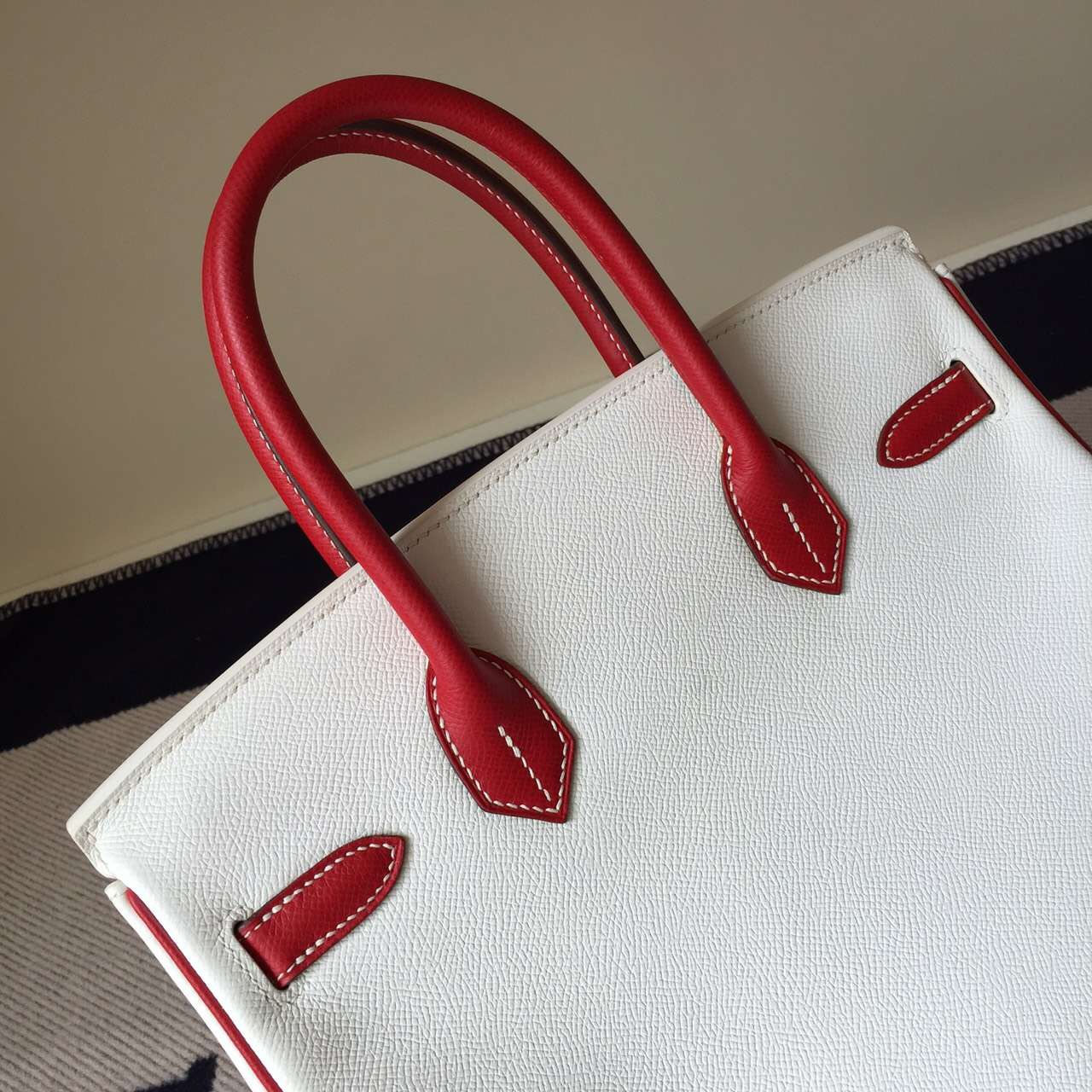 Hand Stitching Hermes Epsom Leather Birkin30cm Bag Pure White/Q5 Rouge Casaque