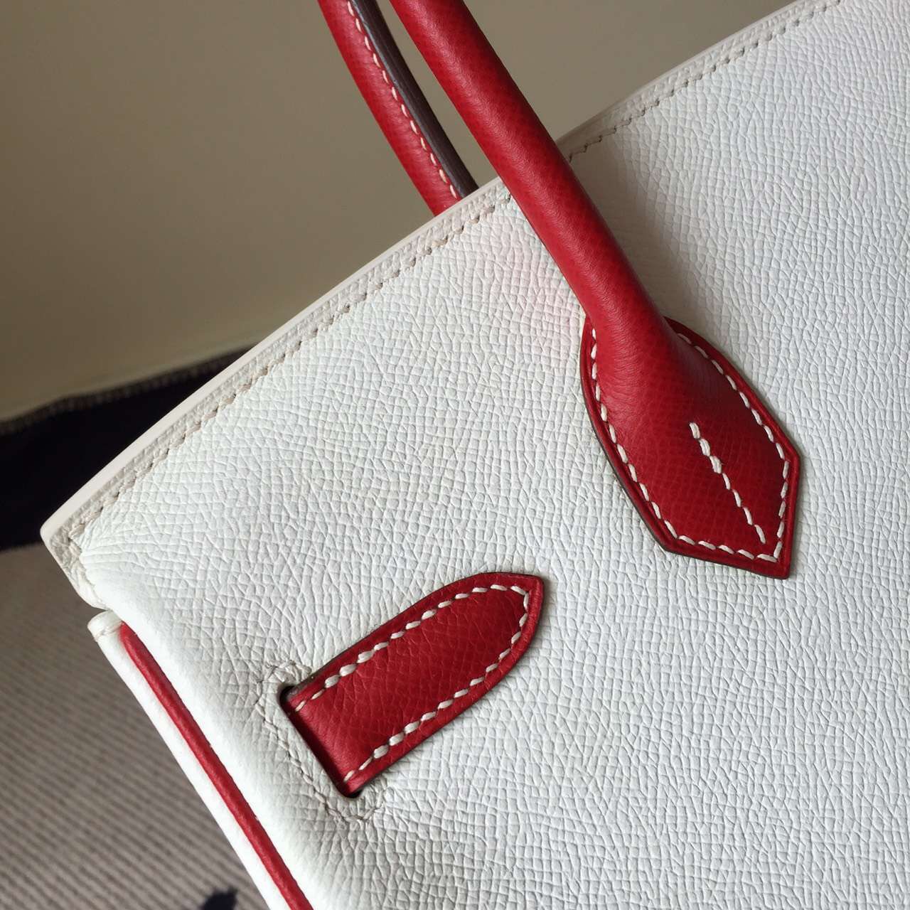 Hand Stitching Hermes Epsom Leather Birkin30cm Bag Pure White/Q5 Rouge Casaque