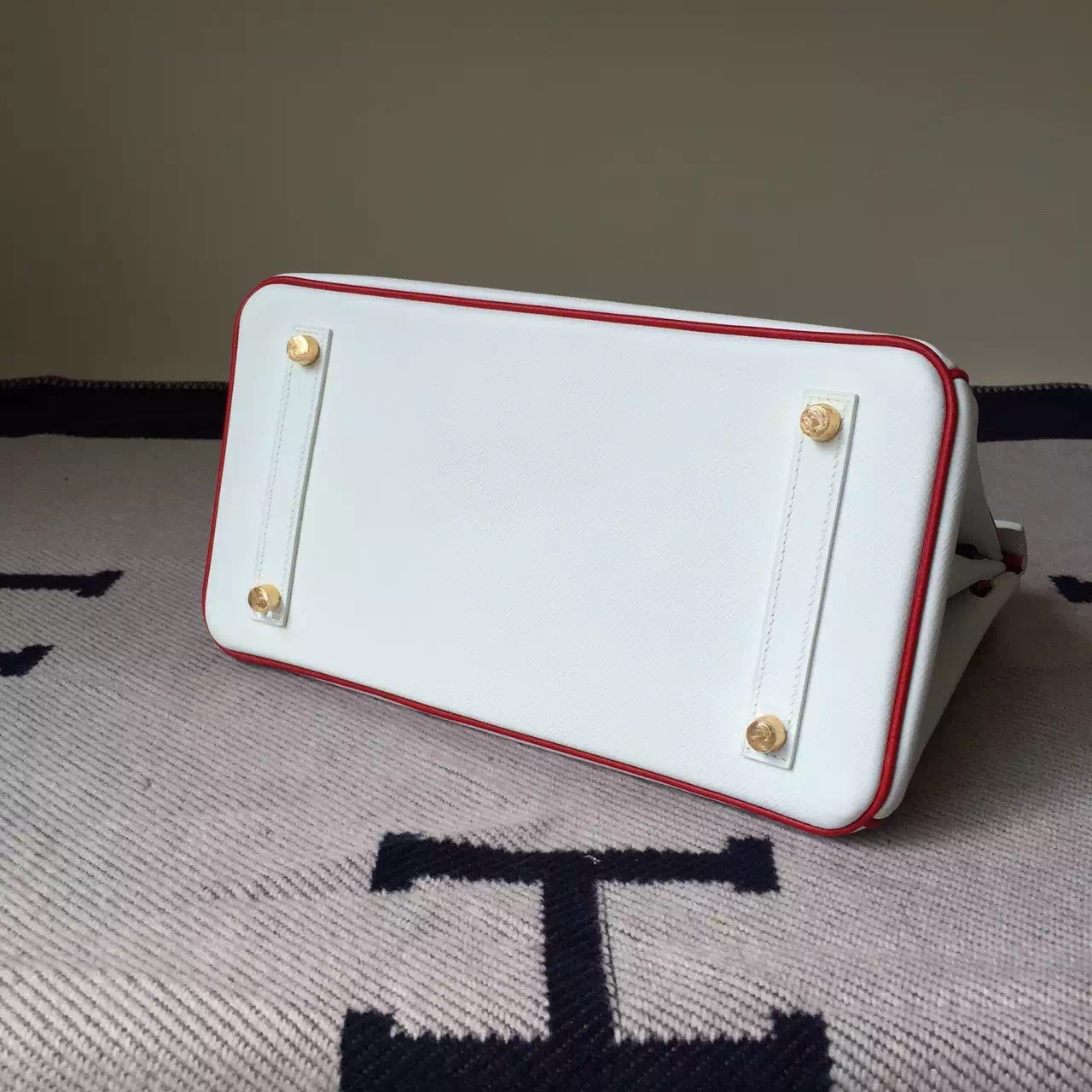 Hand Stitching Hermes Epsom Leather Birkin30cm Bag Pure White/Q5 Rouge Casaque