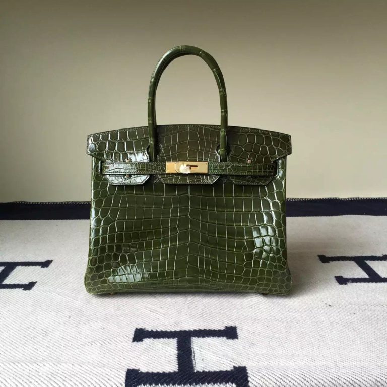 Hermes 6H Olive Green Crocodile Shiny Leather Birkin Bag  30cm