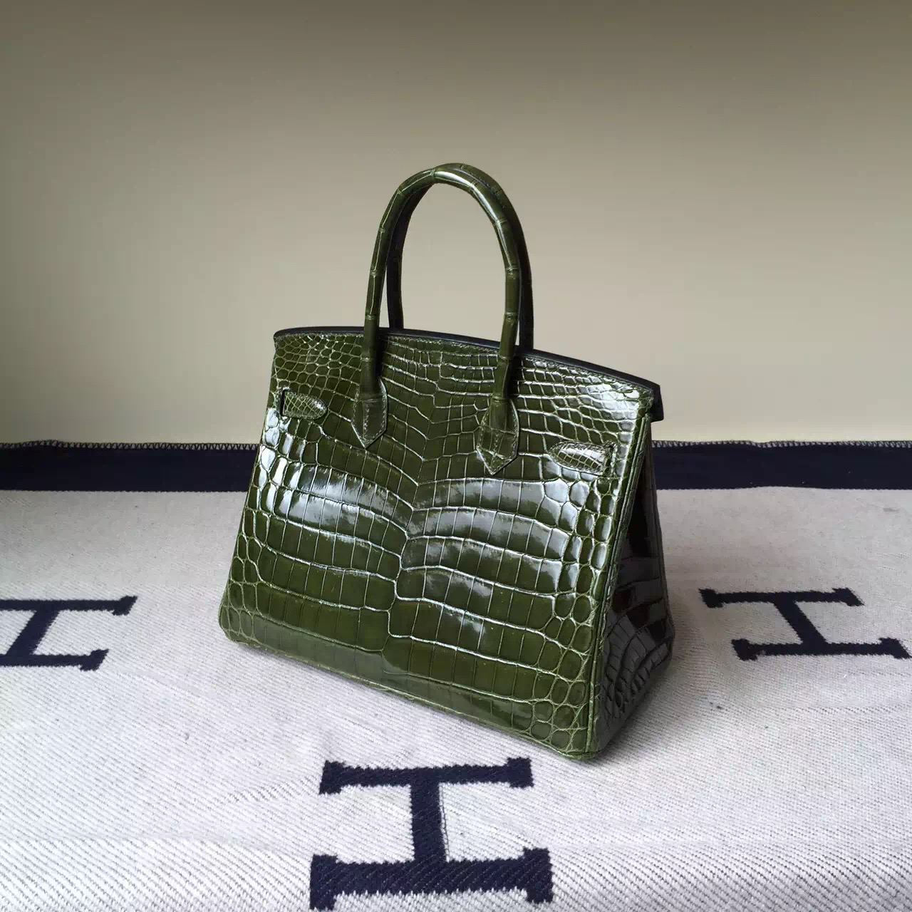 Discount Hermes 6H Olive Green Crocodile Shiny Leather Birkin Bag 30cm