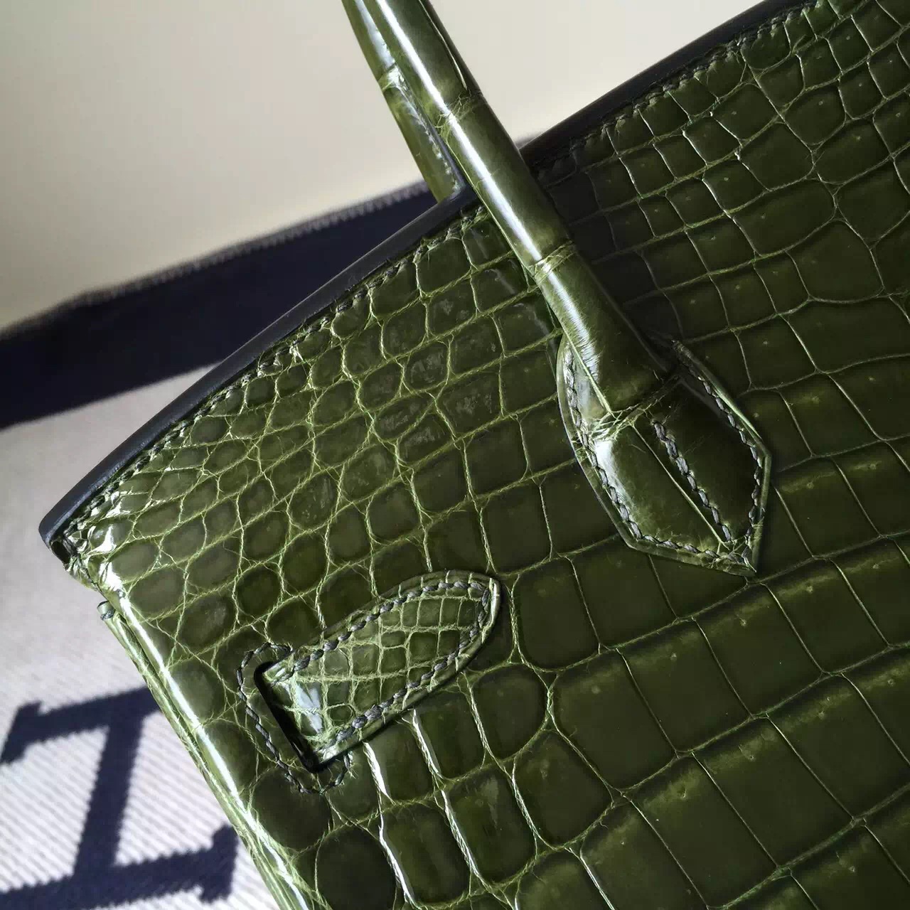 Discount Hermes 6H Olive Green Crocodile Shiny Leather Birkin Bag 30cm