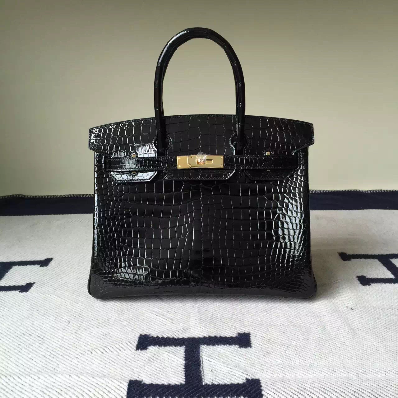 Fashion Hermes CK89 Black Crocodile Shiny Leather Birkin Bag30cm