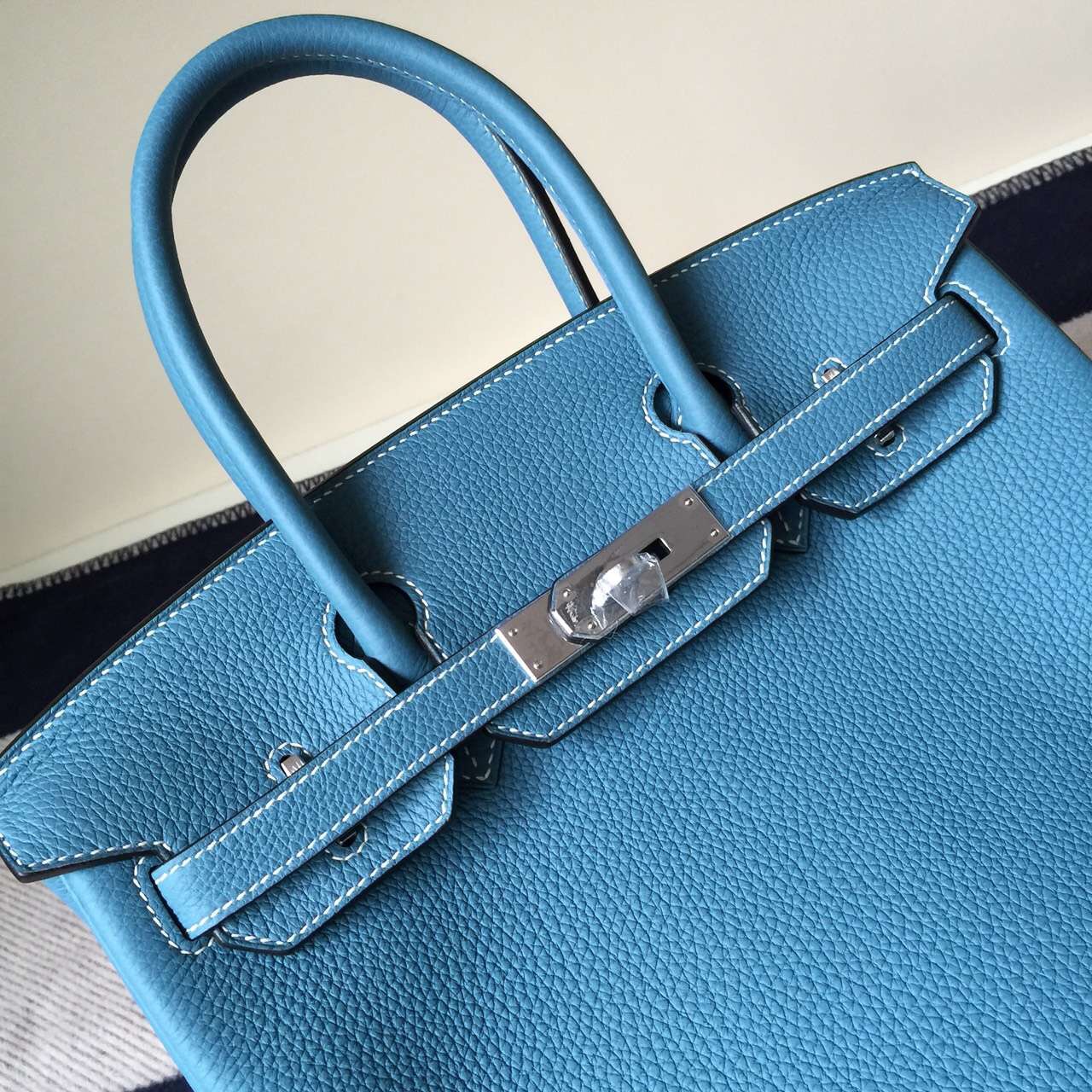 Hand Stitching Hermes CK75 Blue Jean Togo Leather Birkin Bag30cm