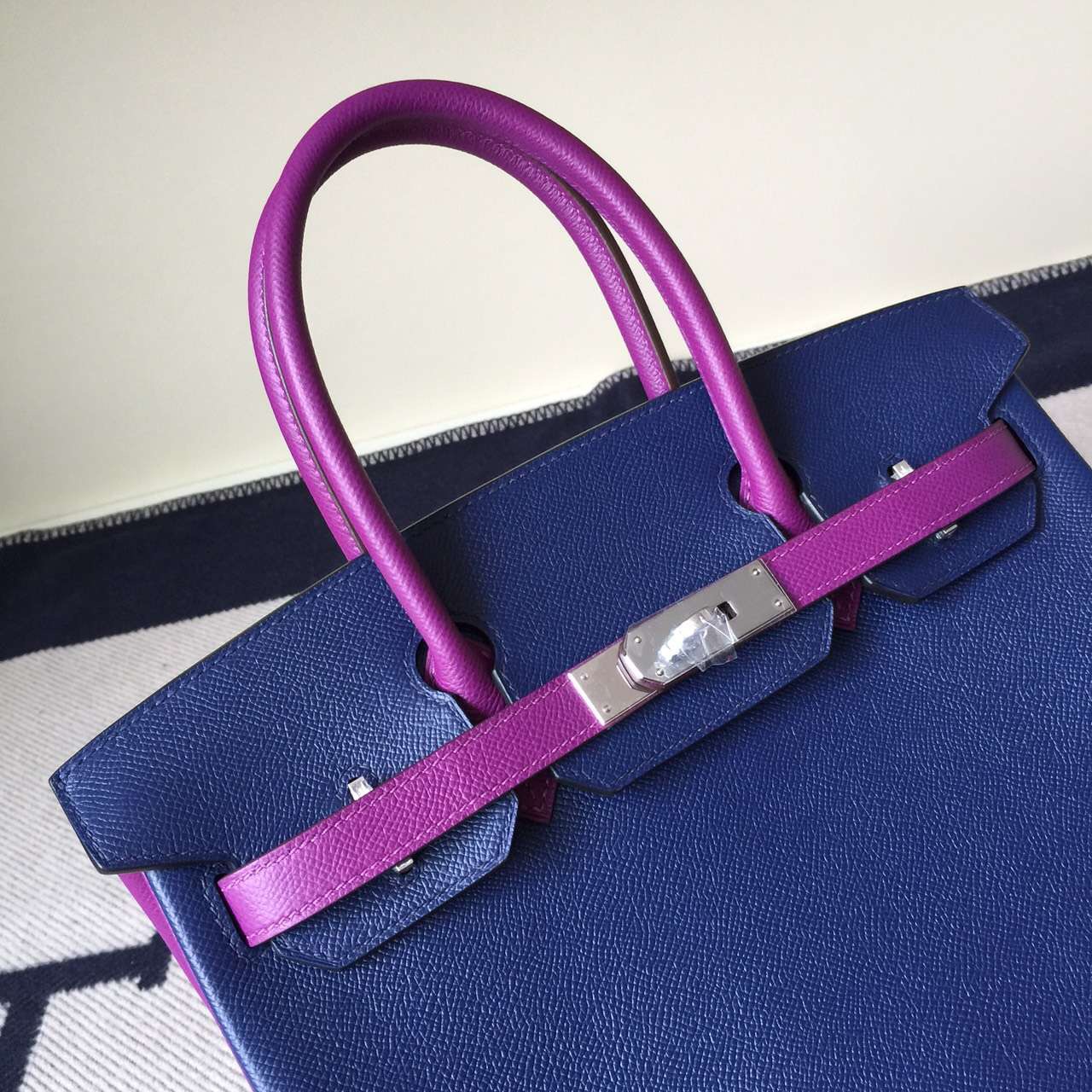 New Pretty Hermes 7K Dark Blue/P9 Anemone Purple Epsom Leather Birkin30cm