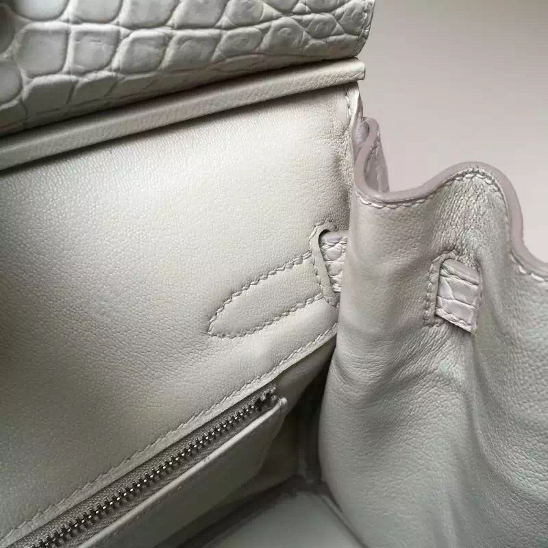 Hand Stitching Hermes 8L Beton Crocodile Mat Leather Birkin Bag30cm
