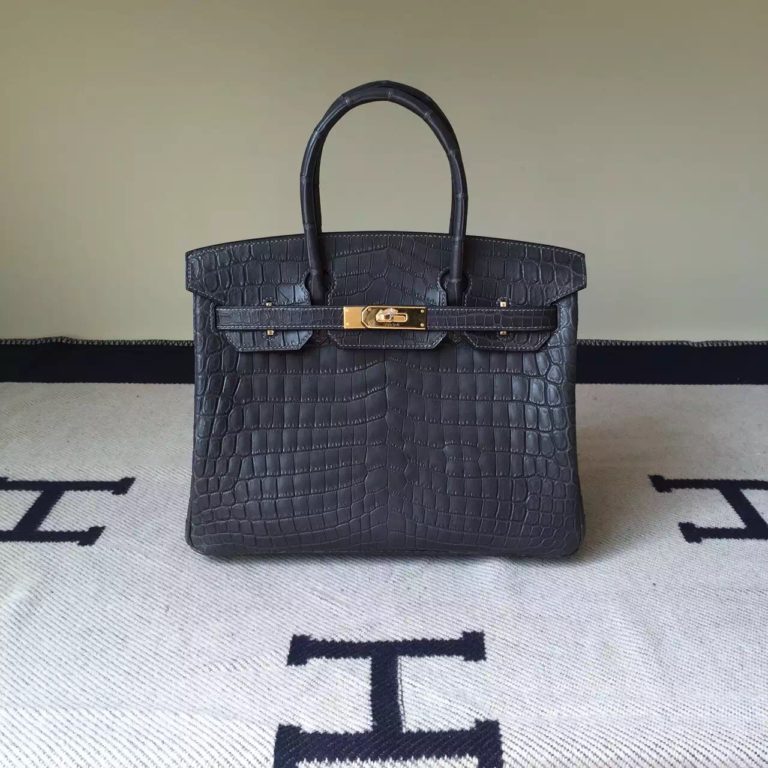 Hermes 8F Etain Grey Crocodile Matt Leather Birkin Bag  30cm