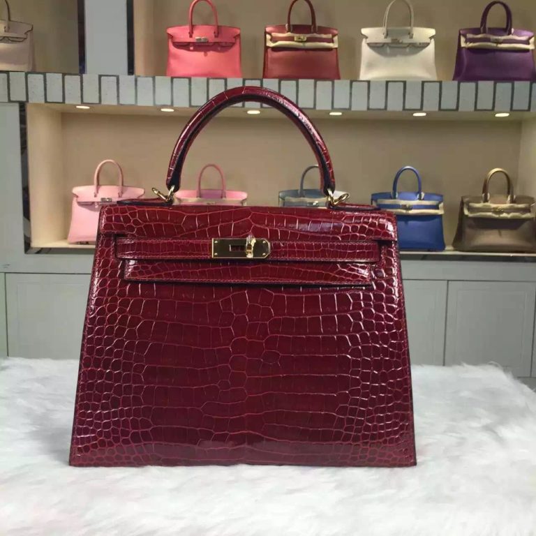 Disount Hermes Wine Red Crocodile Shiny Leather Kelly Bag  28CM Ladies Tote Bag