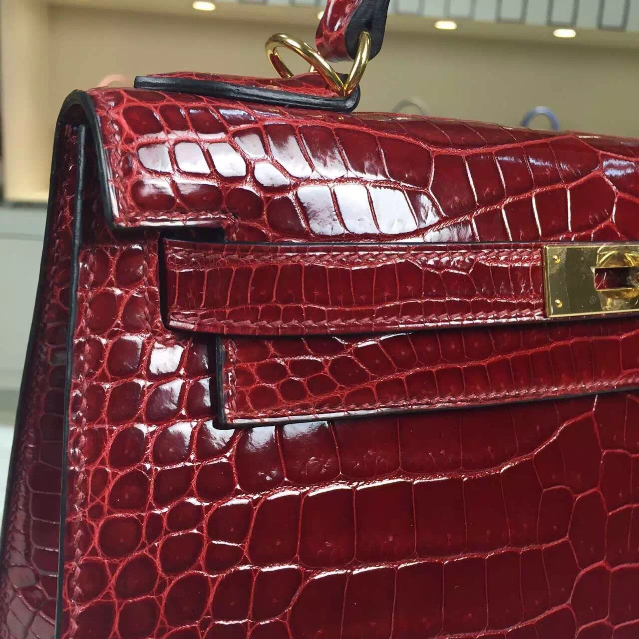 Disount Hermes New Wine Red Crocodile Shiny Leather Kelly Bag 28CM Ladies&#8217; Tote Bag