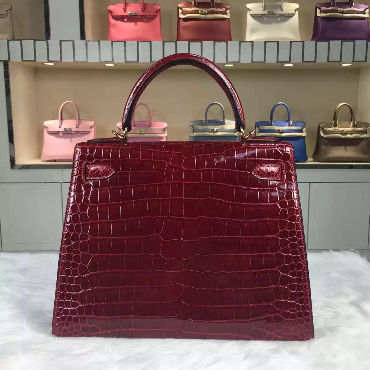 Disount Hermes New Wine Red Crocodile Shiny Leather Kelly Bag 28CM Ladies&#8217; Tote Bag