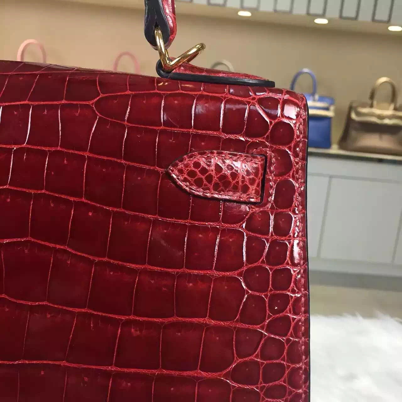 Disount Hermes New Wine Red Crocodile Shiny Leather Kelly Bag 28CM Ladies&#8217; Tote Bag