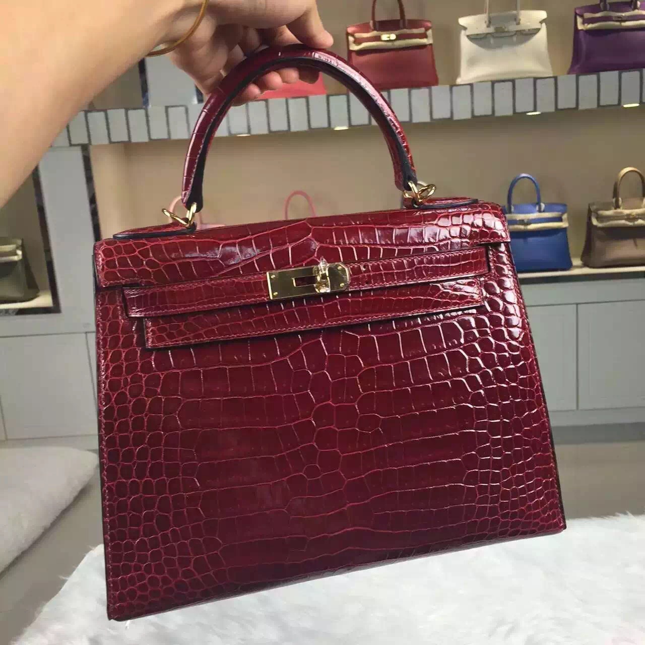 Disount Hermes New Wine Red Crocodile Shiny Leather Kelly Bag 28CM Ladies&#8217; Tote Bag
