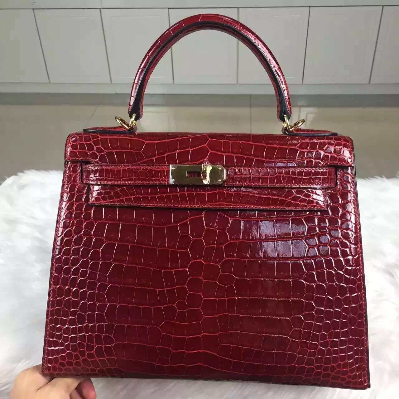 Disount Hermes New Wine Red Crocodile Shiny Leather Kelly Bag 28CM Ladies&#8217; Tote Bag