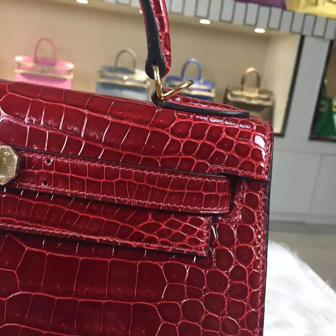 Disount Hermes New Wine Red Crocodile Shiny Leather Kelly Bag 28CM Ladies’ Tote Bag