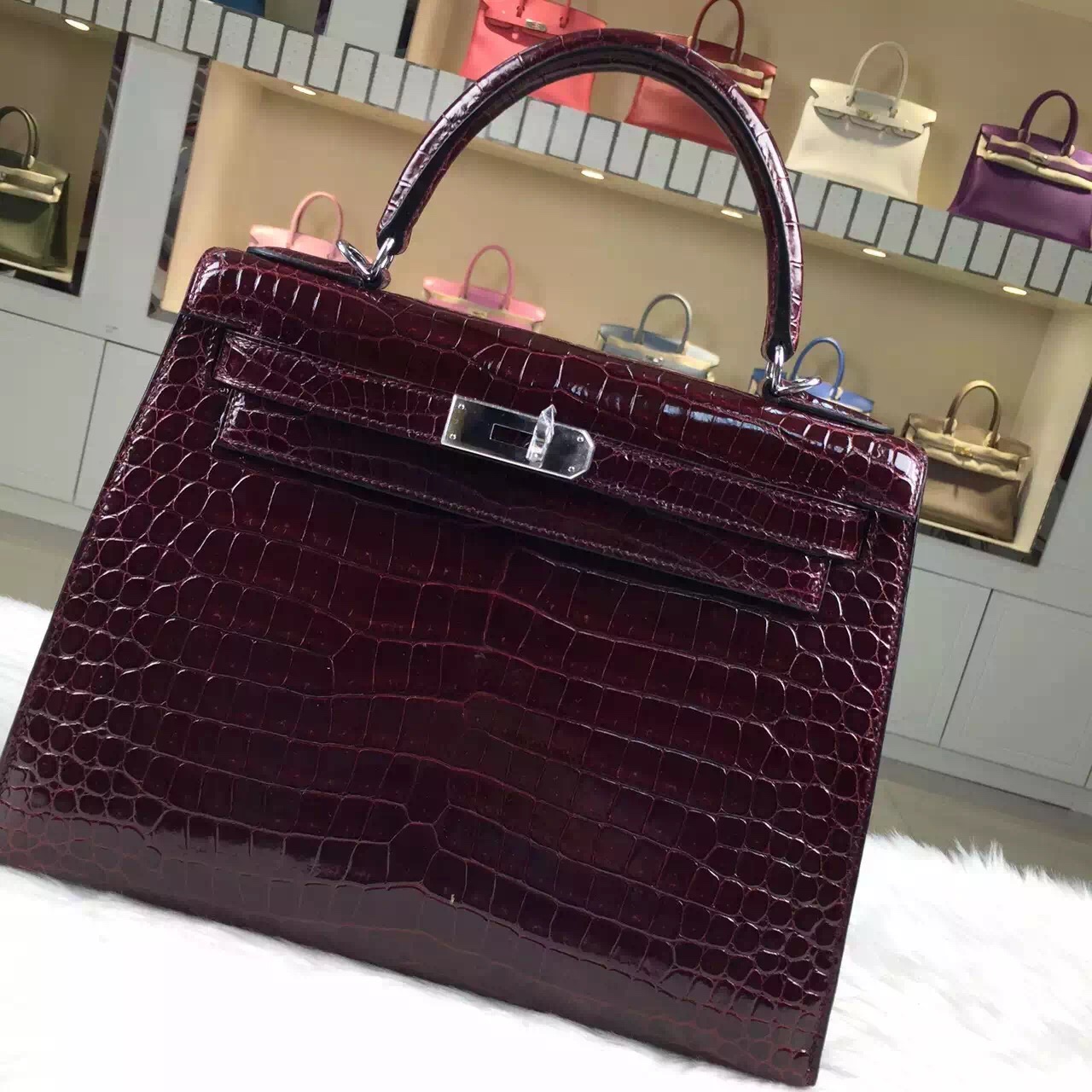 Fashion Women&#8217;s Bag Hermes Kelly28CM Bordeaux Red Crocodile Shiny Leather