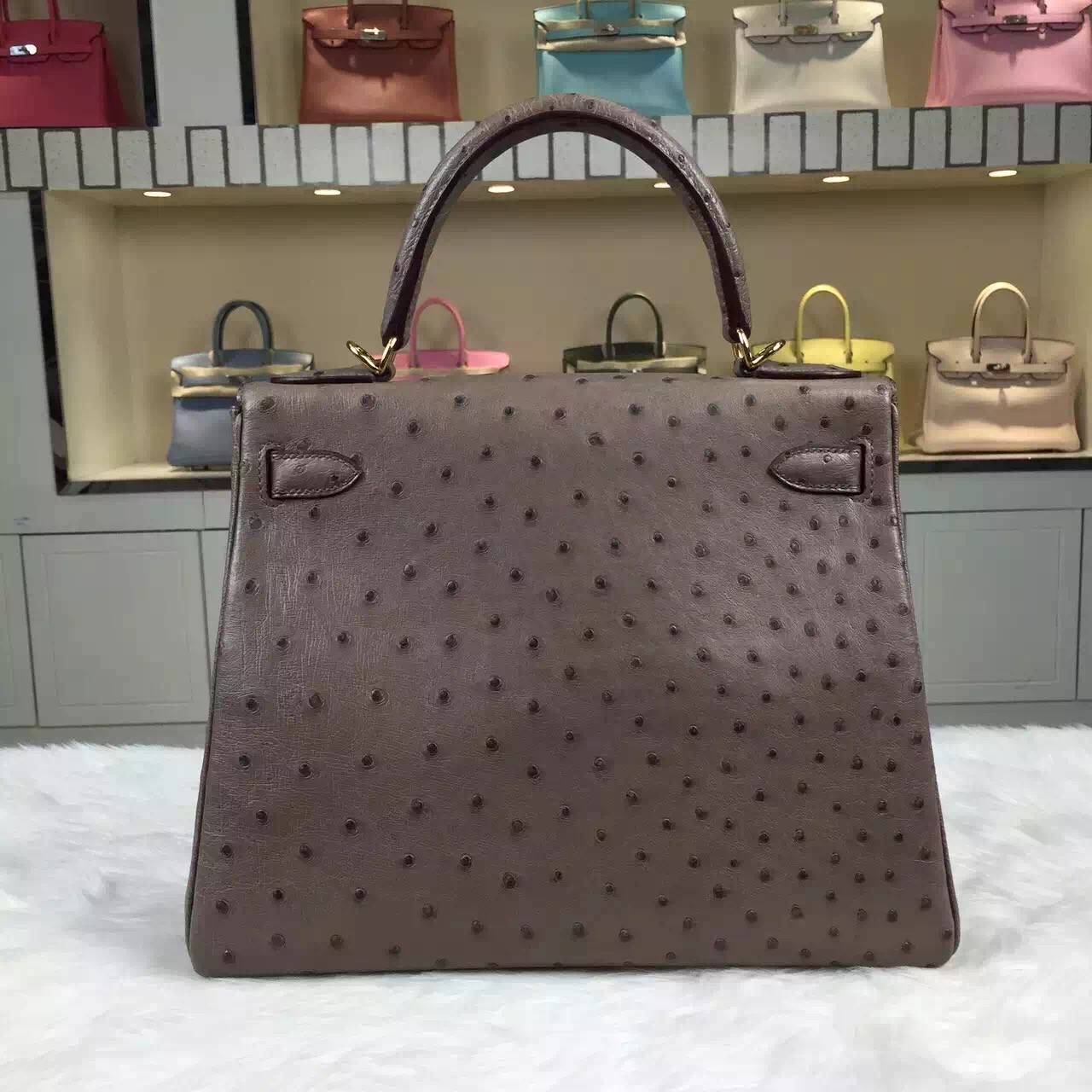 Luxury Hermes Kelly 28CM Ostrich Leather Tote Bag in Gris Tourterelle Gold Hardware