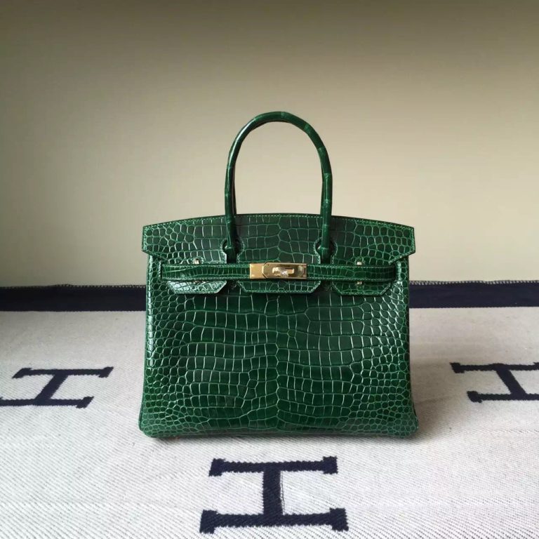 Hermes Crocodile Shiny Leather Birkin 30cm Bag in 6Q Emerald Green