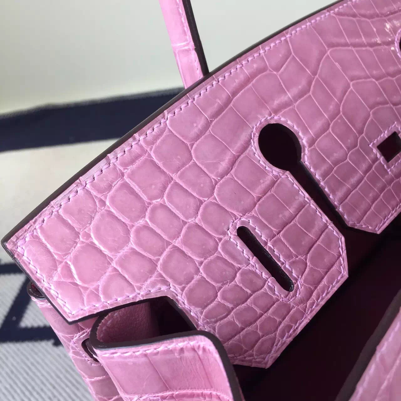 New Pretty Hermes Light Pink Crocodile Shiny Leather Birkin Bag 30cm