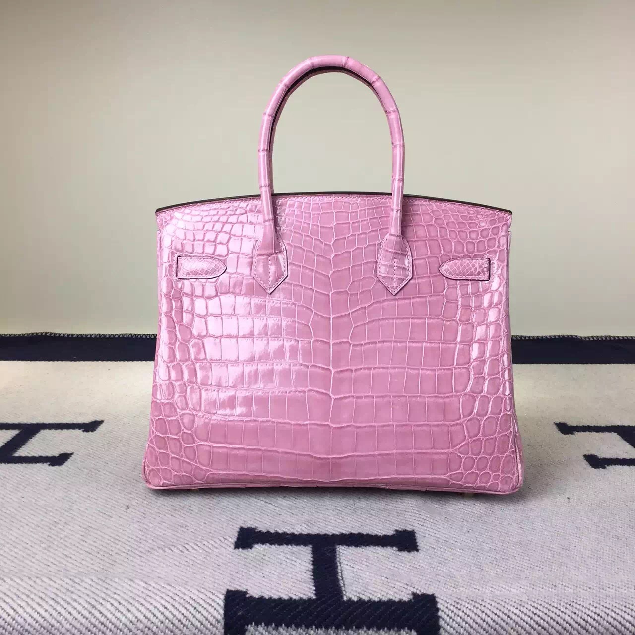 New Pretty Hermes Light Pink Crocodile Shiny Leather Birkin Bag 30cm