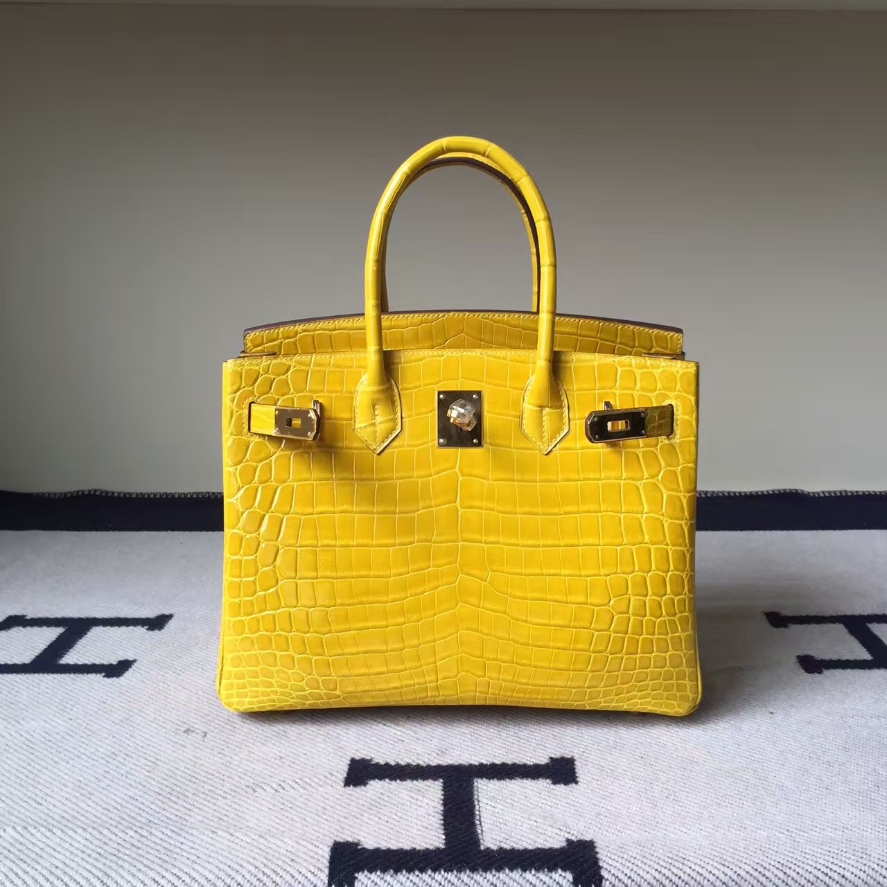 New Pretty Hermes Crocodile Shiny Leather Birkin30cm in Lemon Yellow