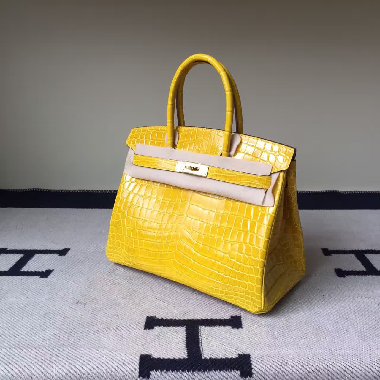 New Pretty Hermes Crocodile Shiny Leather Birkin30cm in Lemon Yellow