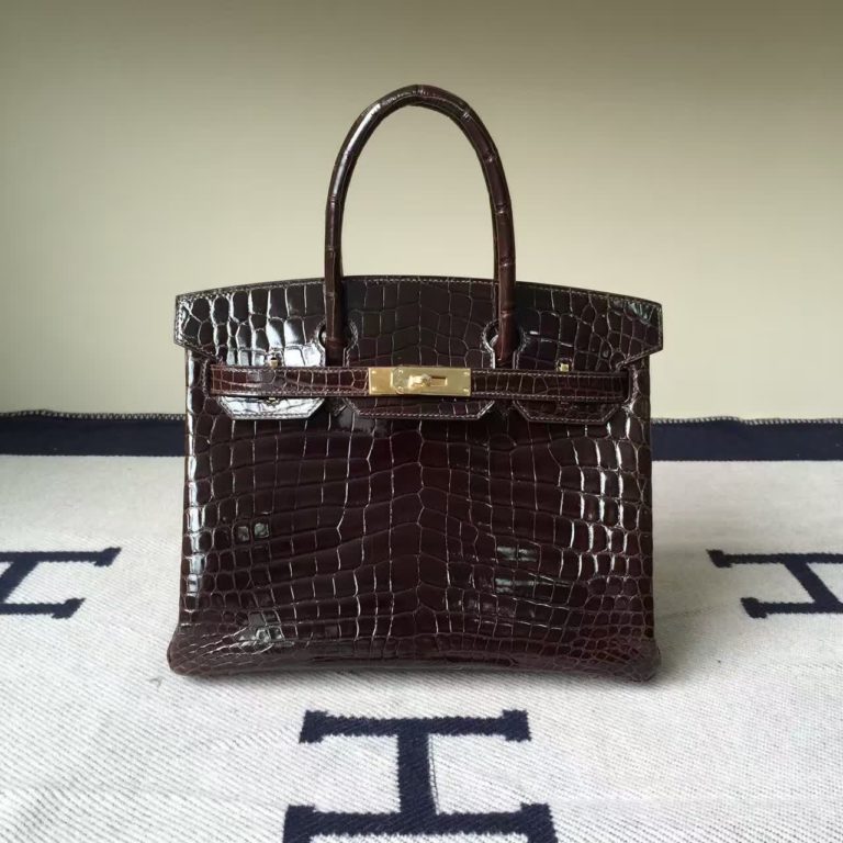 Hermes Chocolate Color Crocodile Shiny Leather Birkin Bag  30cm