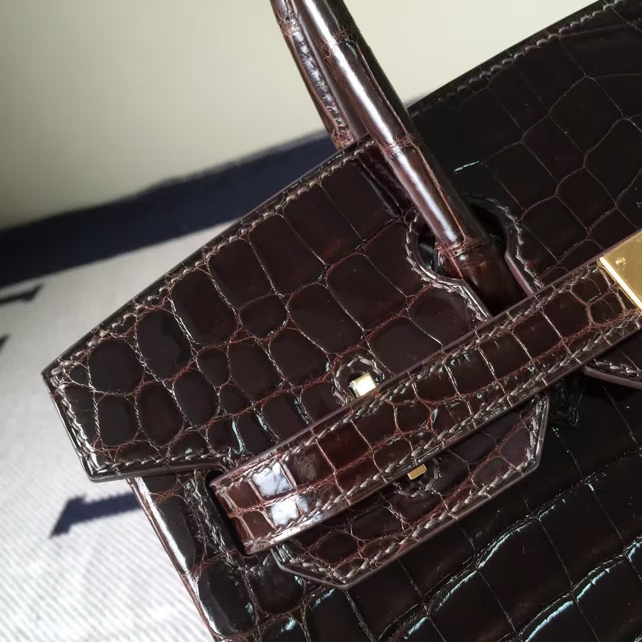 Fashion Hermes Chocolate Color Crocodile Shiny Leather Birkin Bag 30cm