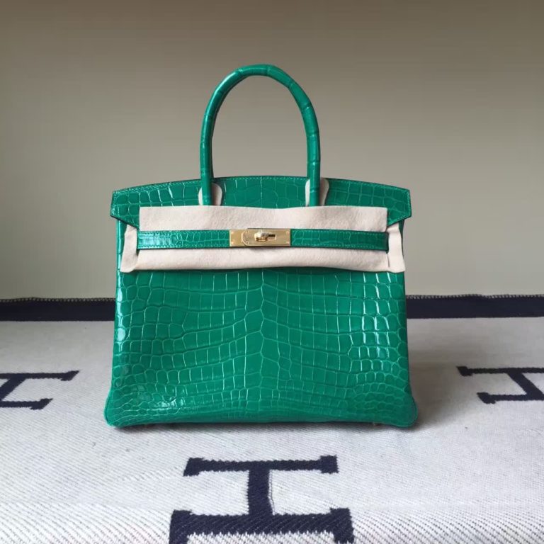 Hermes Birkin Bag  30cm 6Q Emerald Green Shiny Crocodile Leather