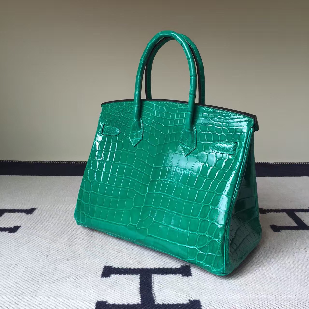 Discount Hermes Birkin Bag 30cm 6Q Emerald Green Shiny Crocodile Leather