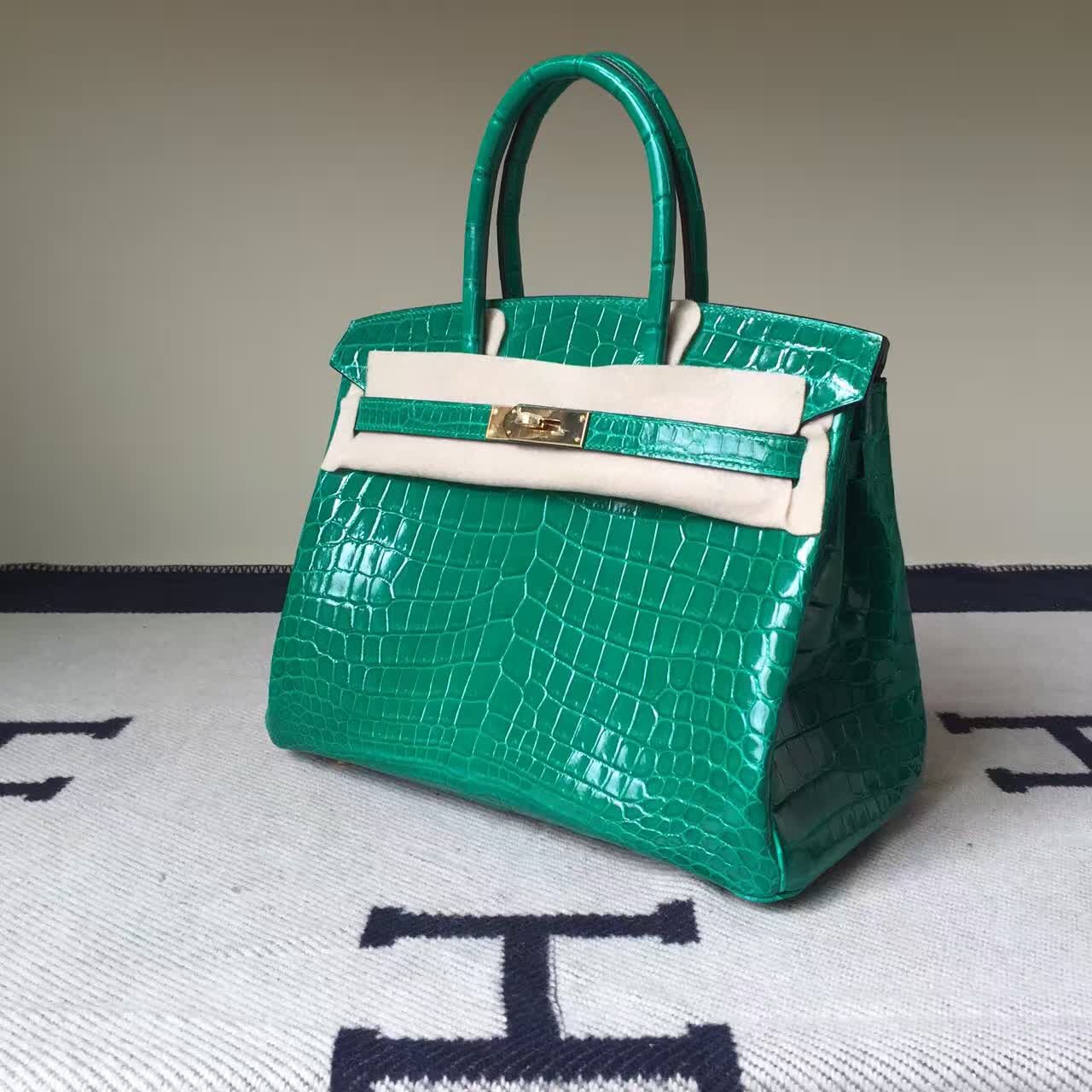 Discount Hermes Birkin Bag 30cm 6Q Emerald Green Shiny Crocodile Leather