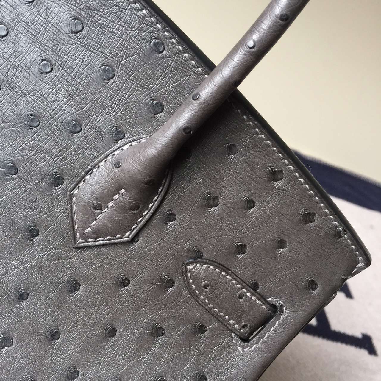 Hand Stitching Hermes Birkin30cm Bag 8F Etain Grey KK Ostrich Leather