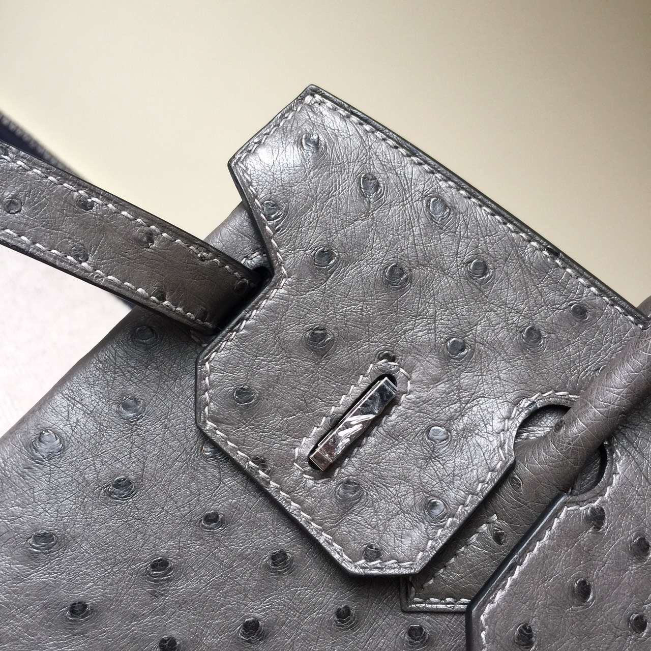 Hand Stitching Hermes Birkin30cm Bag 8F Etain Grey KK Ostrich Leather