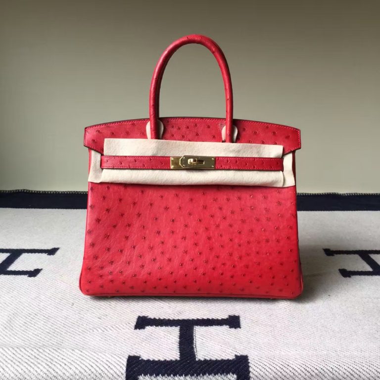 Womens Handbag Hermes Q5 Rouge Casaque KK Ostrich Leather Birkin Bag 30cm
