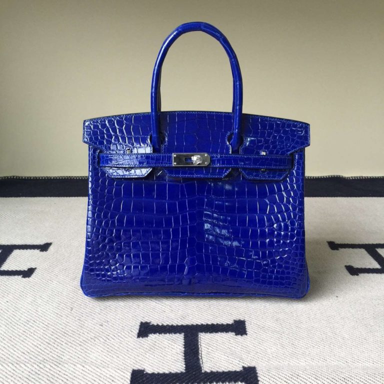 Hermes 7T Blue Electric Crocodile Shiny Leather Birkin Bag  30cm