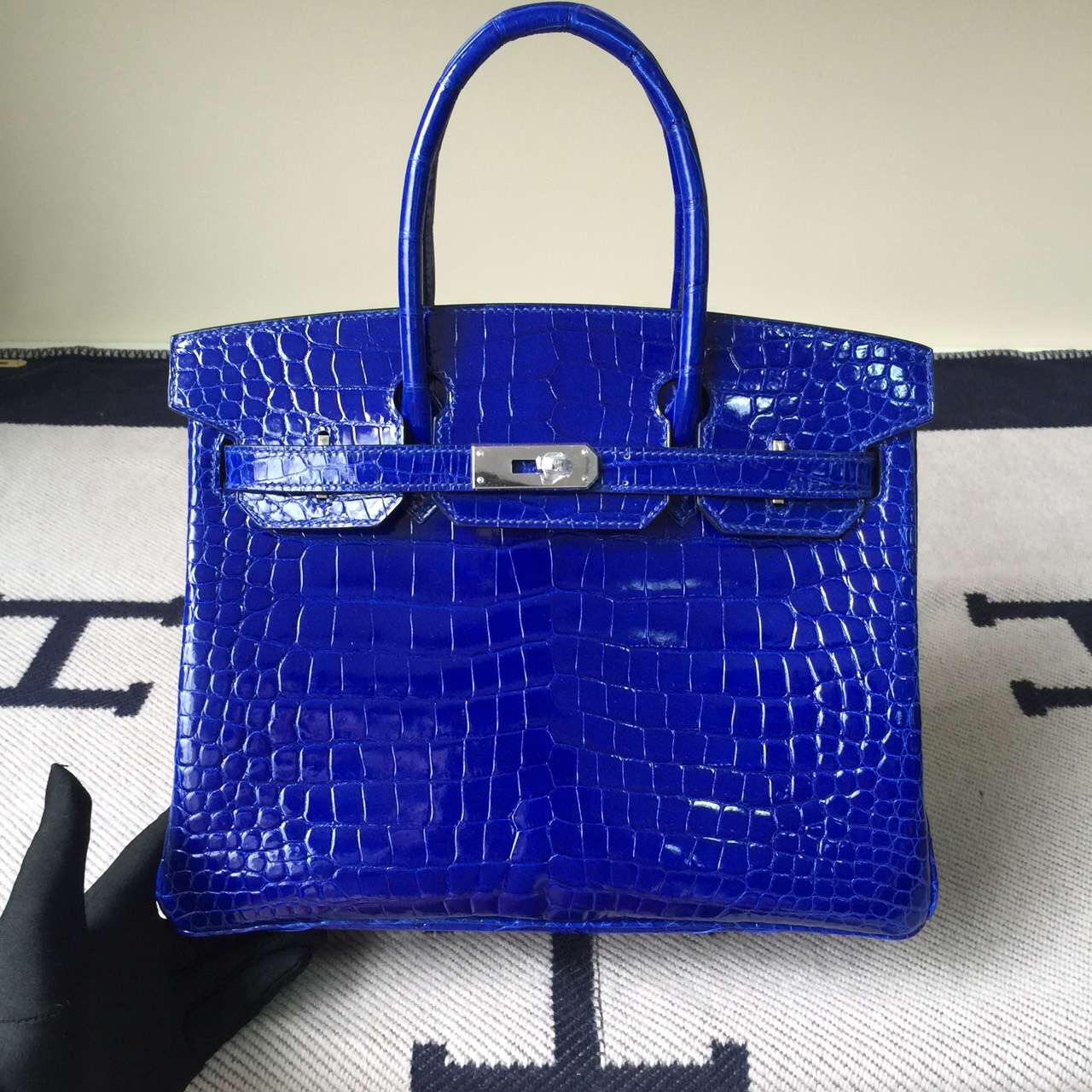 Wholesale Hermes 7T Blue Electric Crocodile Shiny Leather Birkin Bag 30cm