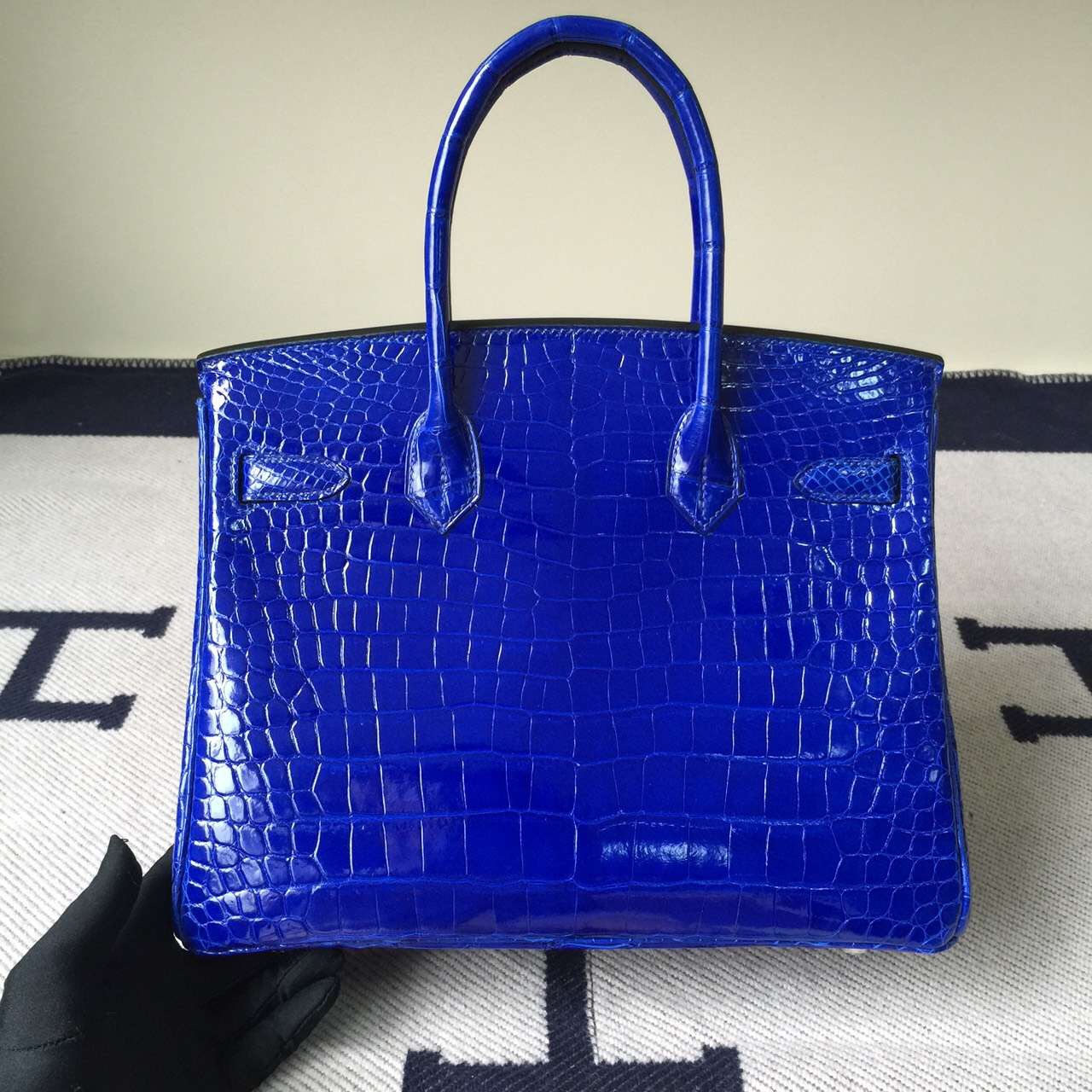Wholesale Hermes 7T Blue Electric Crocodile Shiny Leather Birkin Bag 30cm