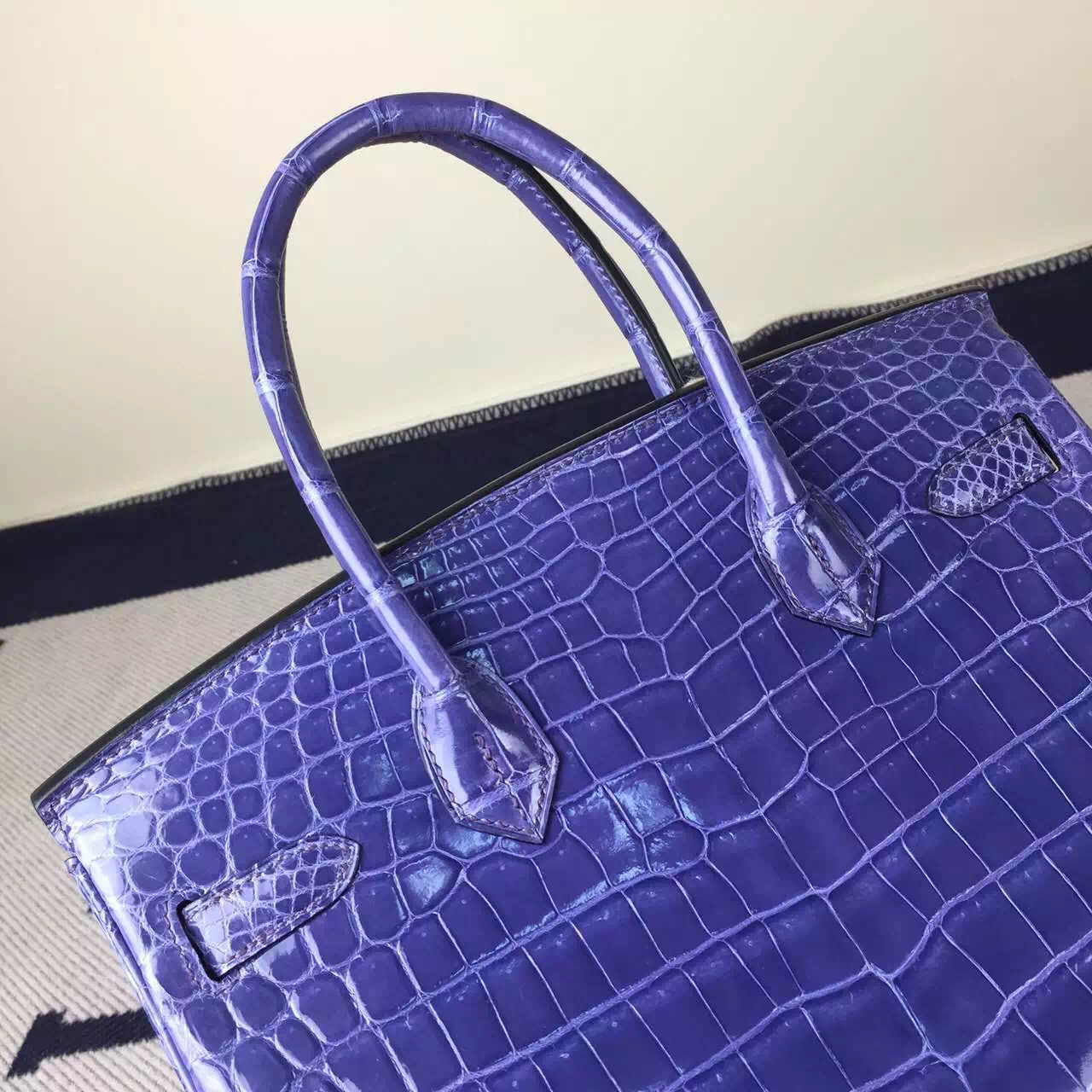 New Fashion Hermes Lavender Purple Crocodile Shiny Leather Birkin Bag30cm