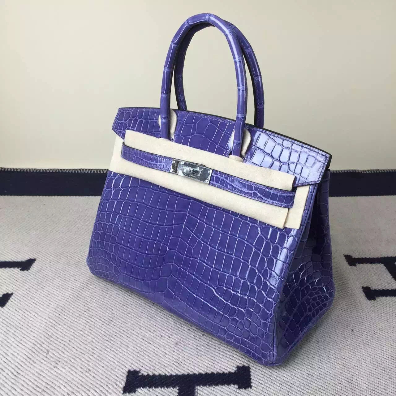 New Fashion Hermes Lavender Purple Crocodile Shiny Leather Birkin Bag30cm
